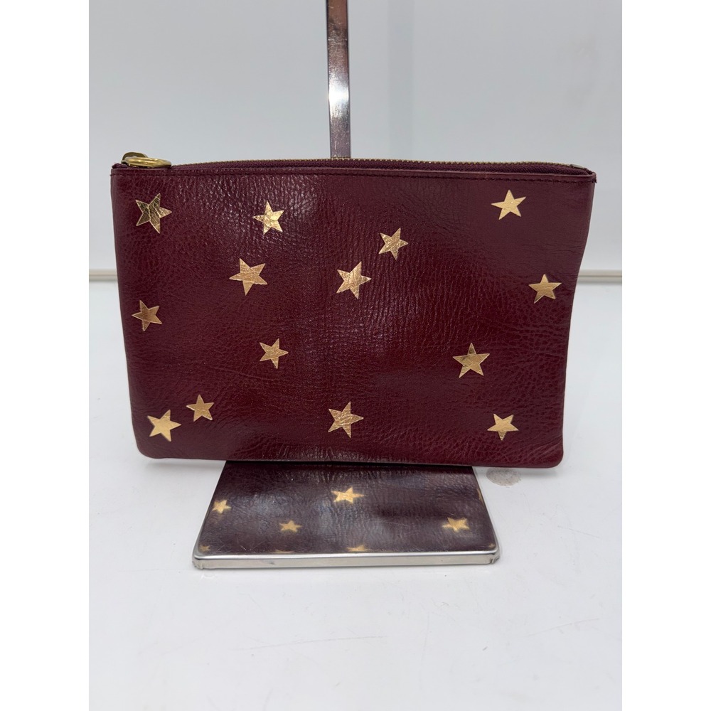 Madewell Burgundy Leather Star Pouch Zip Clutch Bag Gold Foil Celestial